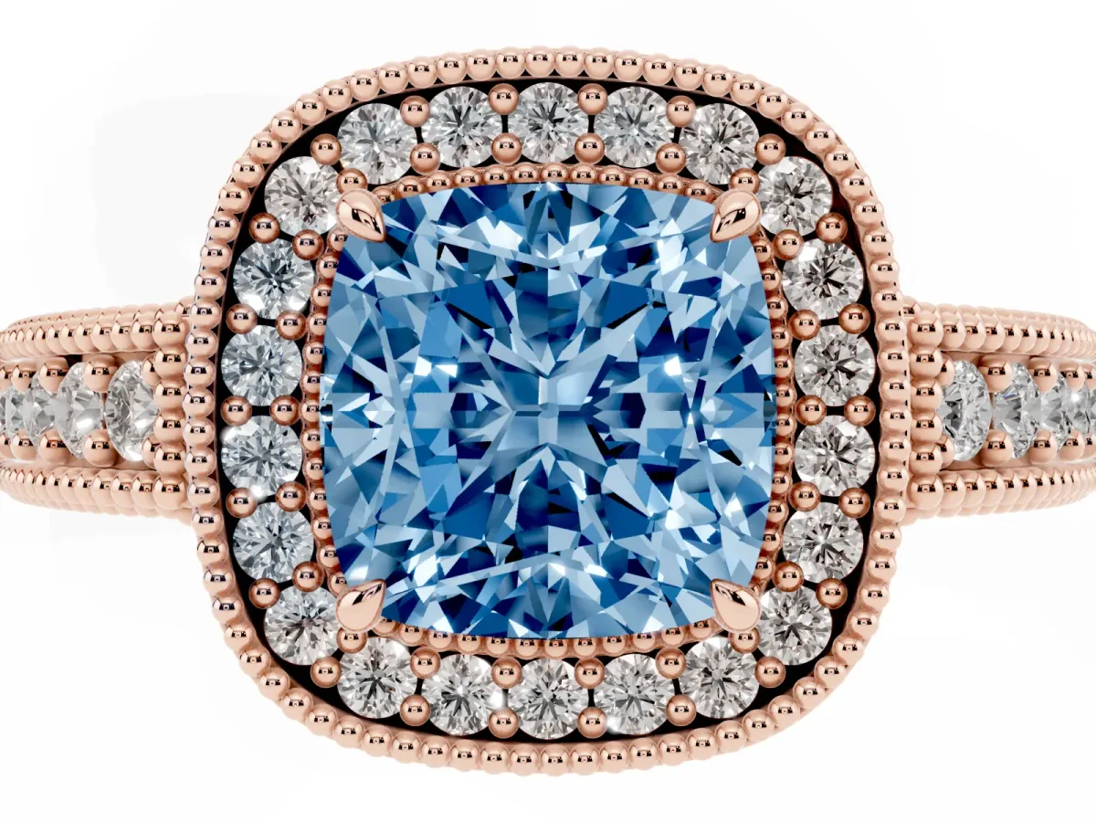 Fancy Blue Cushion Cut Cut Halo Diamond Ring with Pavé Band and Four-Prong Setting Rose gold
