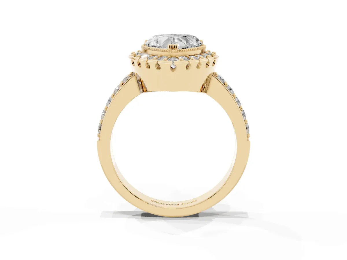 Heart Cut Diamond Halo Ring with Pavé Band and Prong Setting Yellow gold