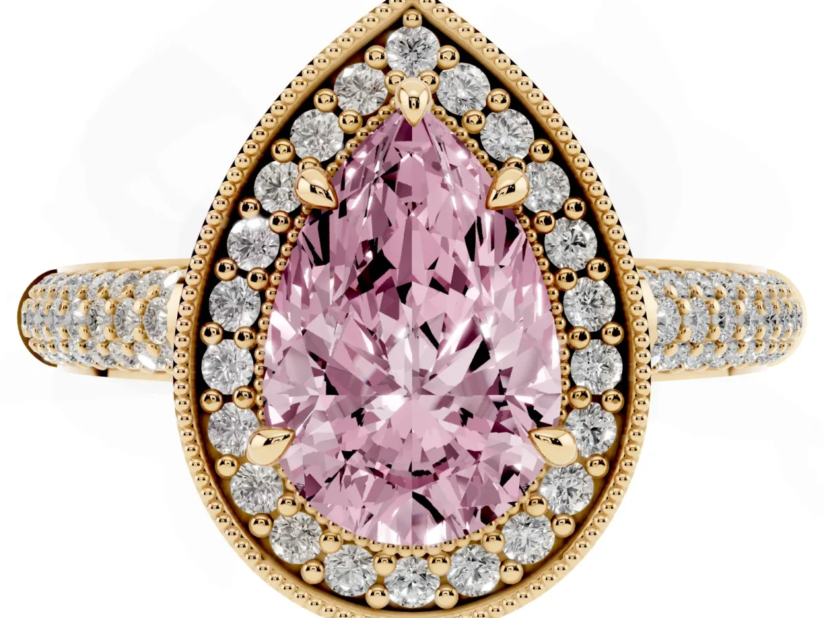 Fancy Pink Pear Cut Cut Halo Diamond Pave Band with Four-Prong Setting Yellow gold