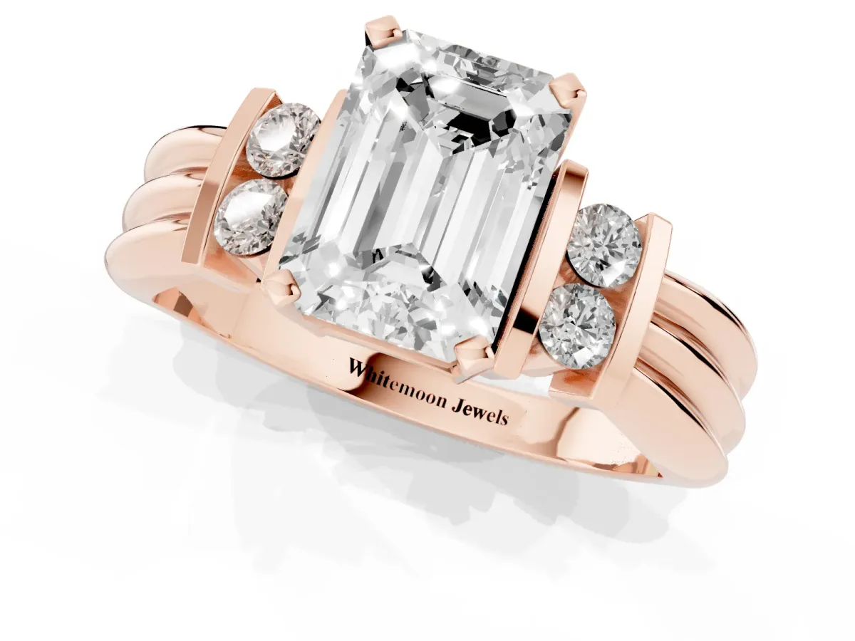 Emerald Cut Cut Three-Stone Channel Set Ring with Bar Prongs Rose gold