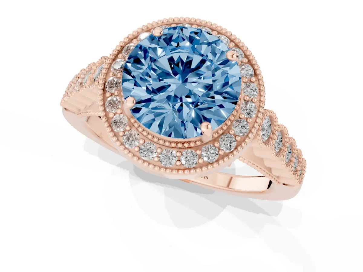 Fancy Blue Round Cut Halo Milgrain Solitaire with Bezel Set Side Stones and Pave Band Rose gold