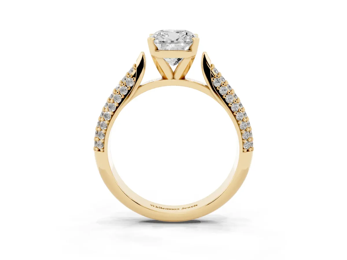 Cushion Cut Diamond Solitaire Engagement Ring with Multi-Row Round Pavé Band and Prong Setting Yellow gold