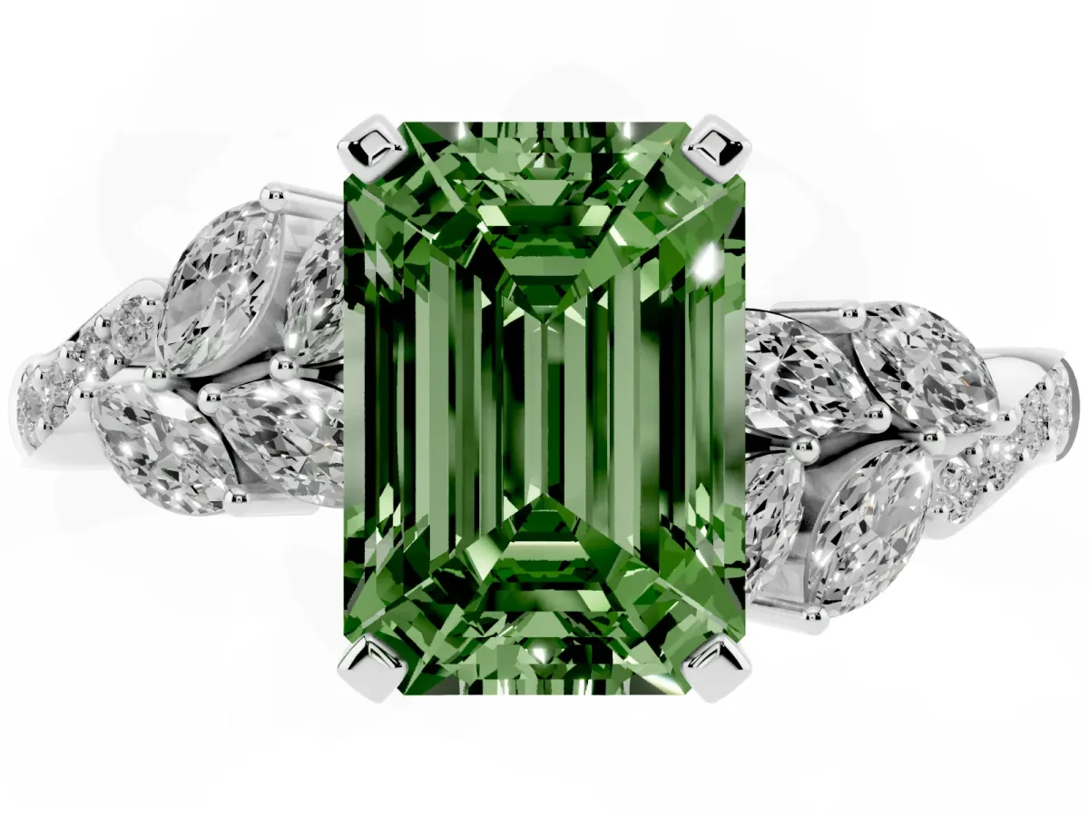 Fancy Green Emerald Cut Solitaire Marquise Twist Band with Six-Prong Setting Silver