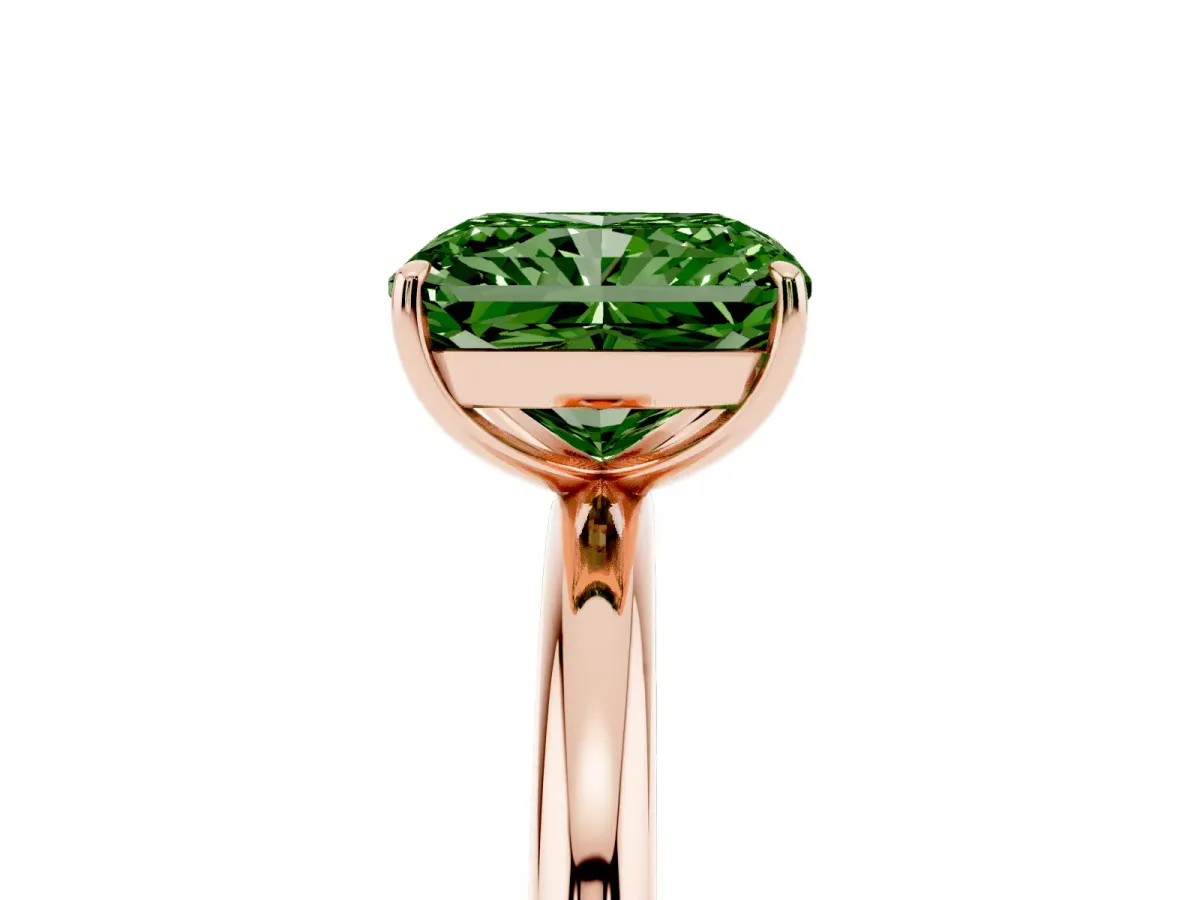 Fancy Green Radiant Cut Solitaire Diamond Ring with Four-Prong Setting on a Plain Band Rose gold