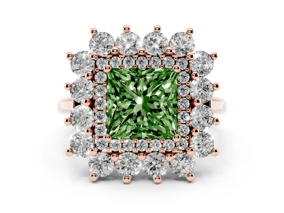 Fancy Green Princess Cut Diamond Floral Double Halo Engagement Ring with Prong Setting Rose gold