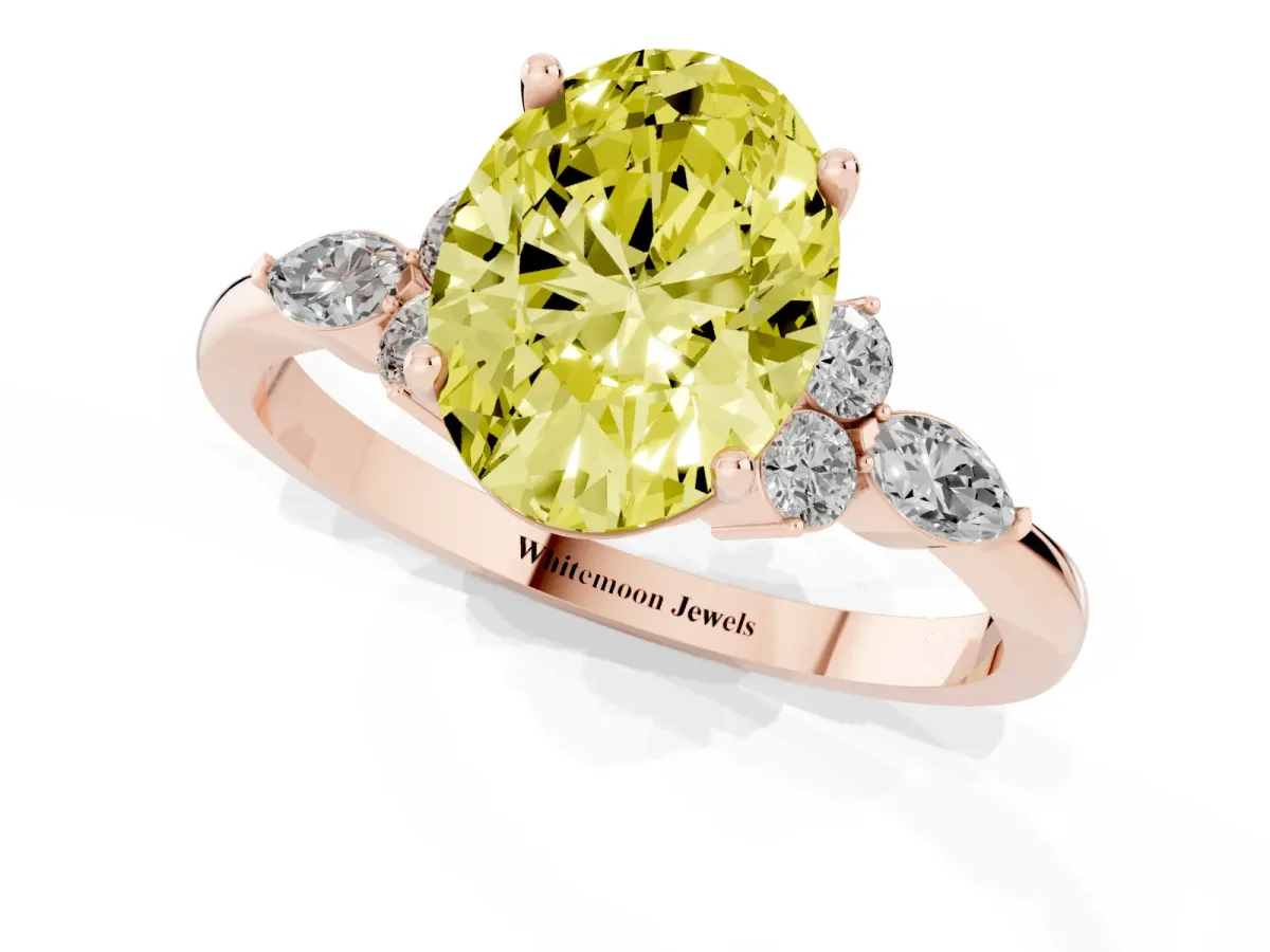 Fancy Yellow Oval Cut Brilliant Diamond Solitaire Ring with Pear Side Stones and Four-Prong Setting Rose gold