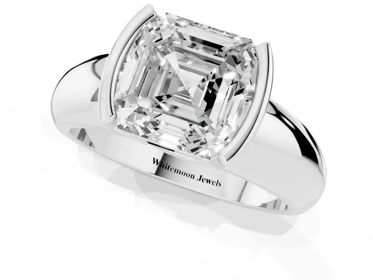Asscher Cut Solitaire Tension Set Diamond Ring with Wide Band Platinum