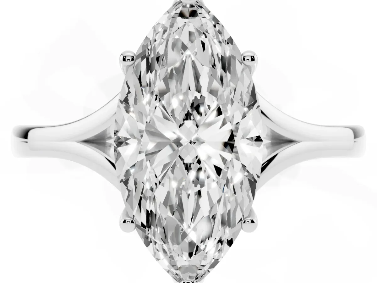 Marquise Cut Solitaire Diamond Ring with Six-Prong Setting and Tapered Band Platinum