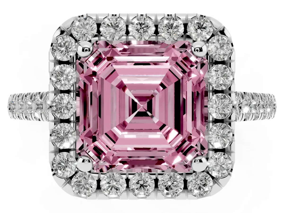 Fancy Pink Asscher Cut Halo Pavé Diamond Engagement Ring with Four-Prong Setting Silver