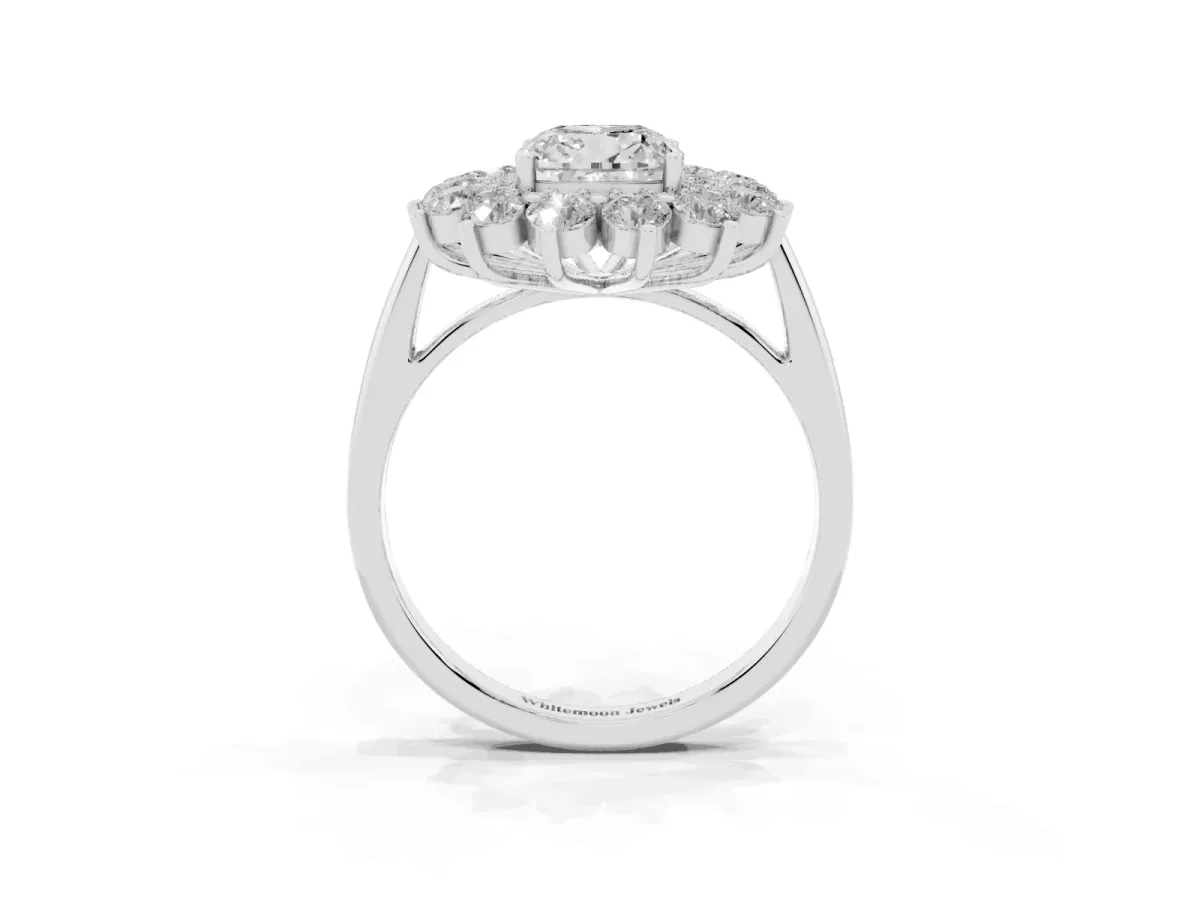 Cushion Cut Diamond Floral Double Halo Engagement Ring with Prong Setting Silver