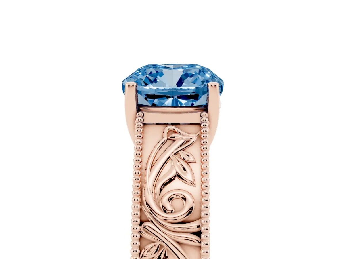 Fancy Blue Cushion Cut Diamond Solitaire Ring with Engraved Band and Four-Prong Setting Rose gold