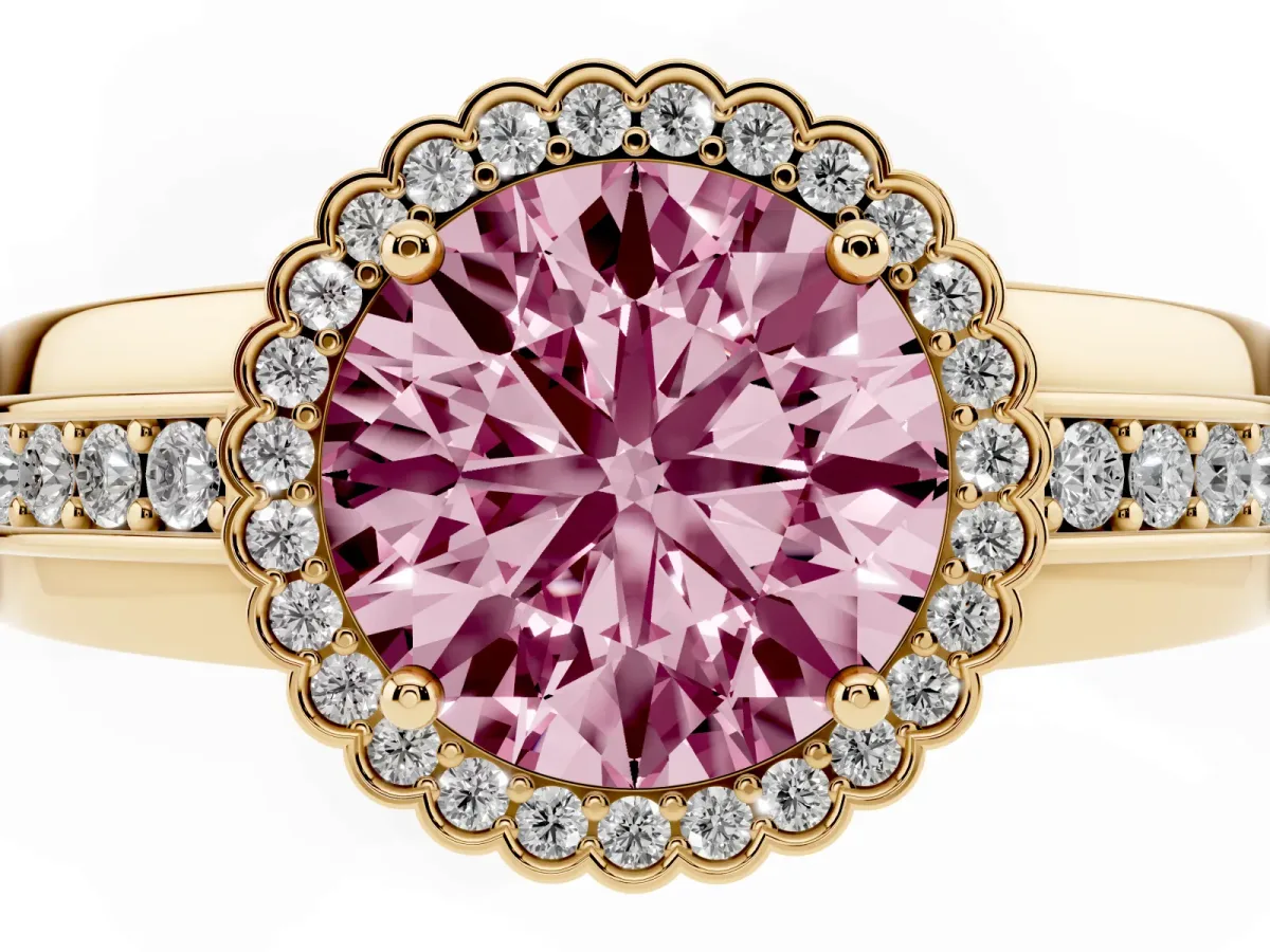 Fancy Pink Round Cut Cut Halo Pave Band Four-Prong Ring Yellow gold