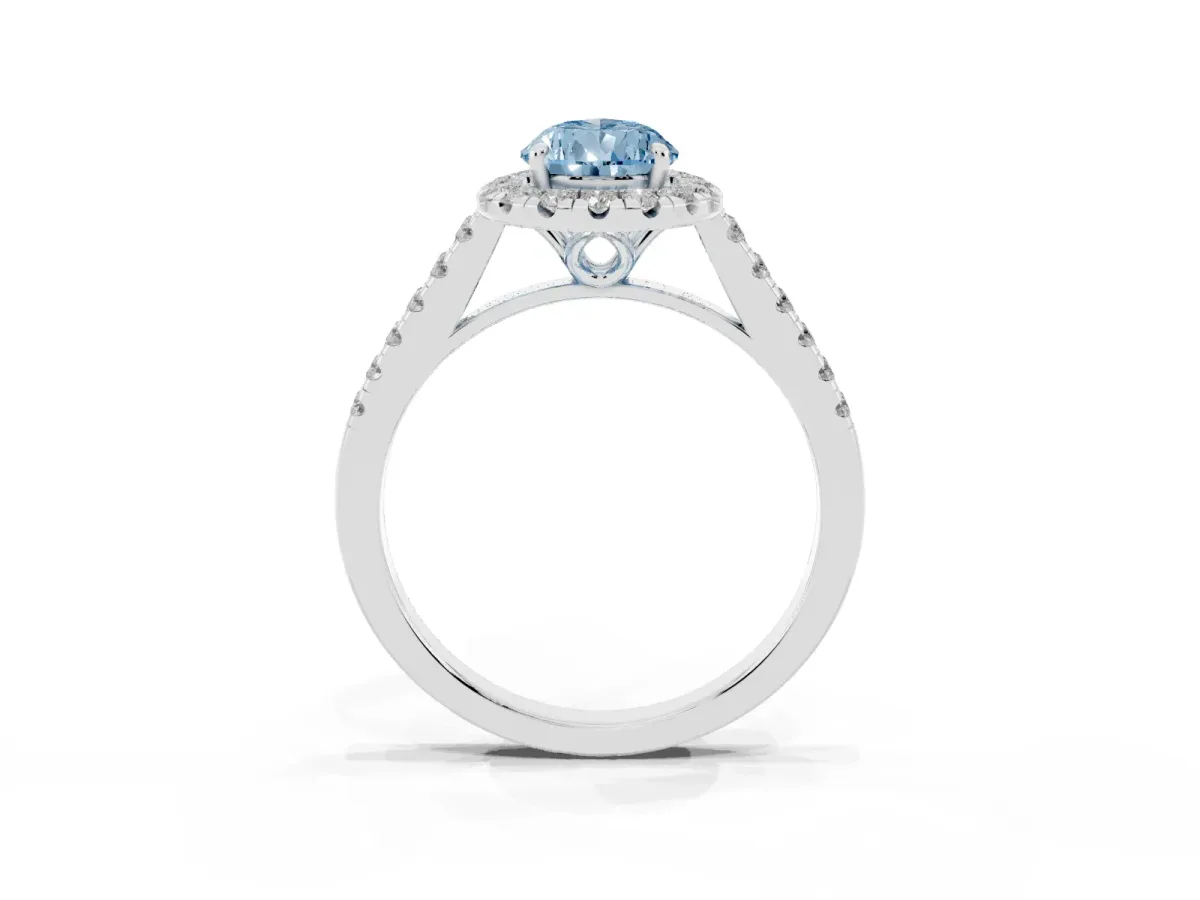 Fancy Blue Pear Cut Halo Pavé Diamond Engagement Ring with Four-Prong Setting Silver