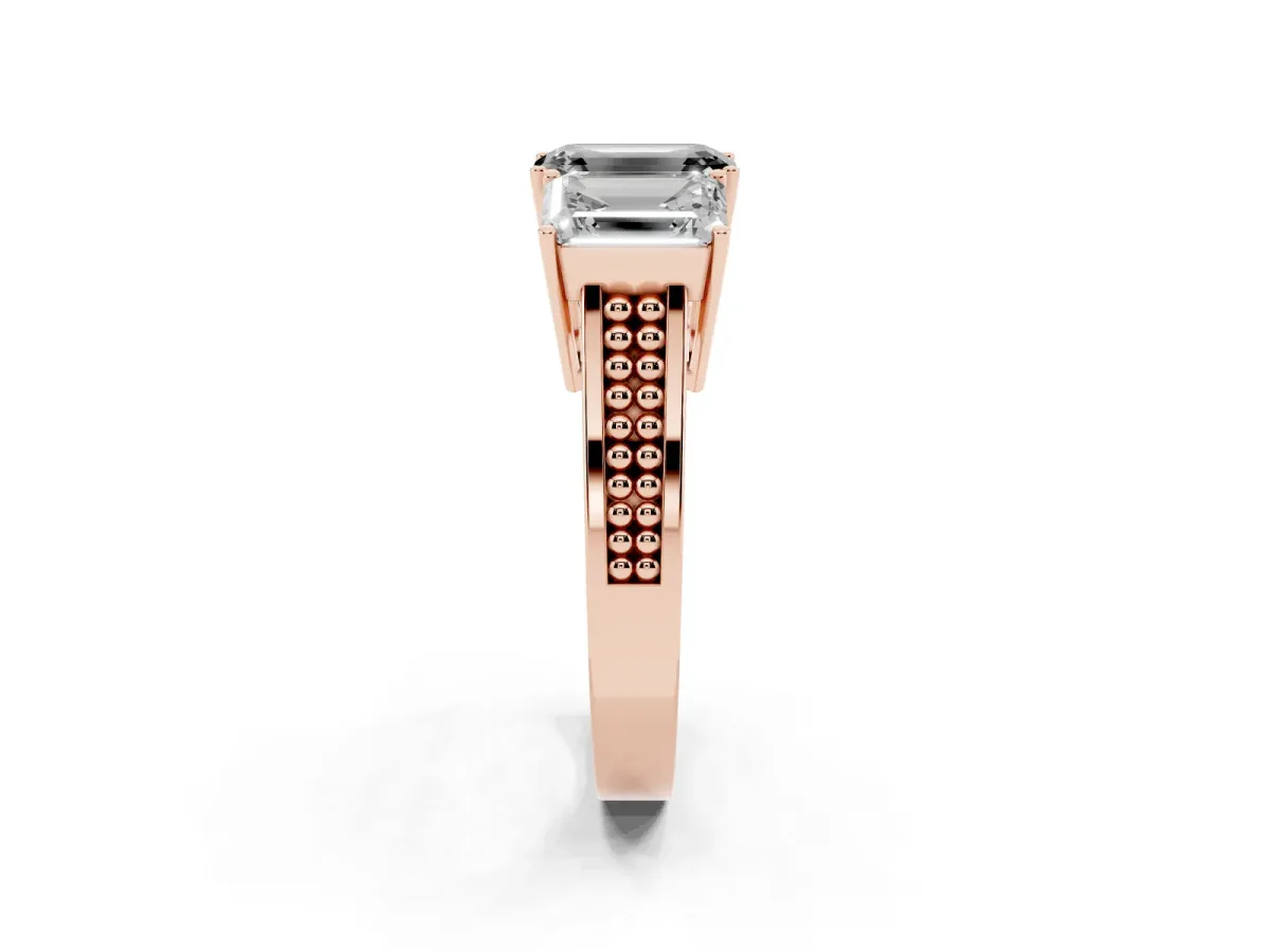 Fancy Black Emerald Cut Diamond Three-Stone Ring with Prong Setting and Textured Band Rose gold