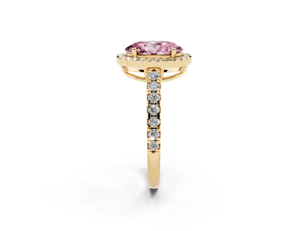 Fancy Pink Oval Cut Diamond Halo Ring with Pavé Band and Four-Prong Setting Yellow gold