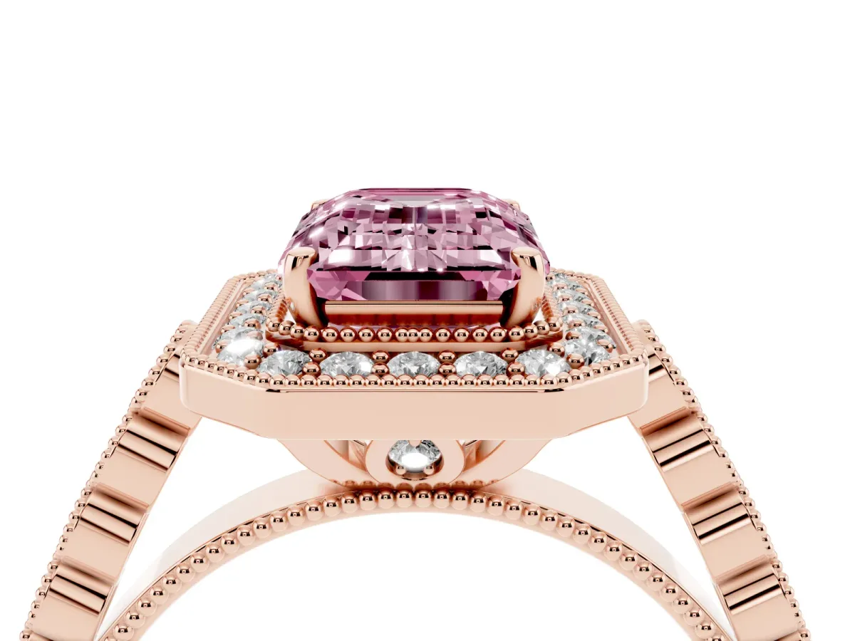Fancy Pink Emerald Cut Halo Milgrain Solitaire with Bezel Set Side Stones and Pave Band Rose gold