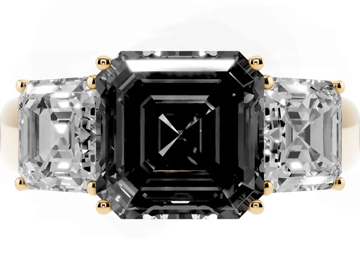 Fancy Black Three-Stone Asscher Cut Cut Diamond Ring with Prong Setting and Classic Band Yellow gold