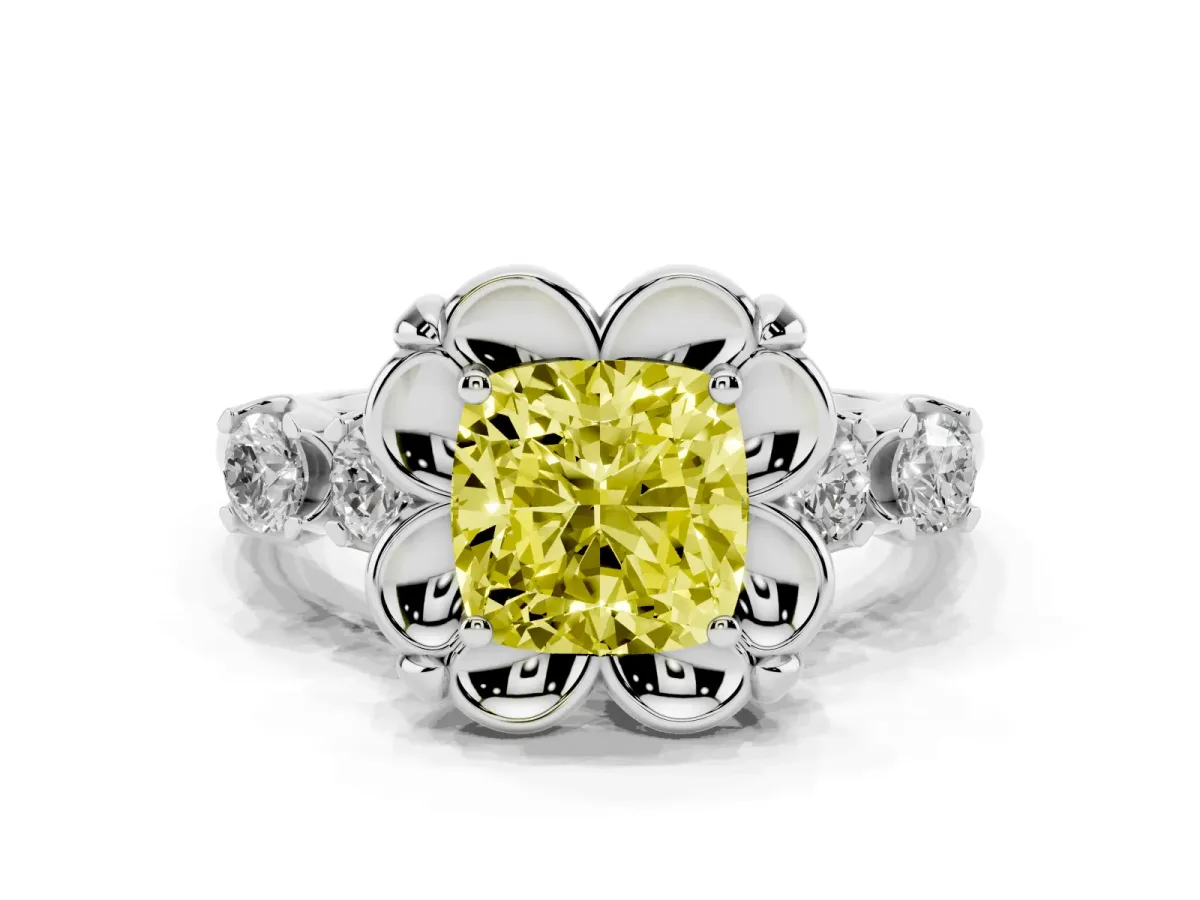 Fancy Yellow Cushion Cut Cut Diamond Floral Halo Engagement Ring with Shared Prong Setting Silver