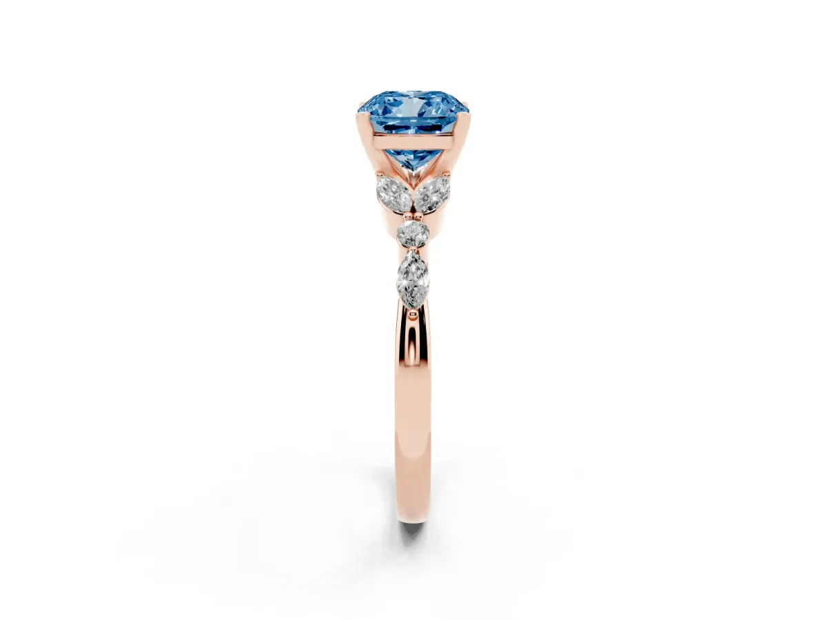 Fancy Blue Cushion Cut Diamond Solitaire Ring with Side Stones and Four-Prong Setting Rose gold