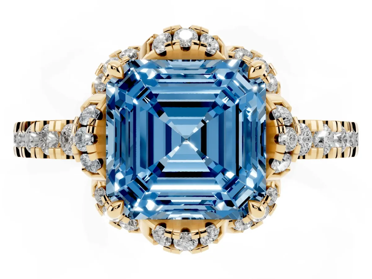 Fancy Blue Asscher Cut Diamond Halo Pave Band with Four-Prong Setting Yellow gold