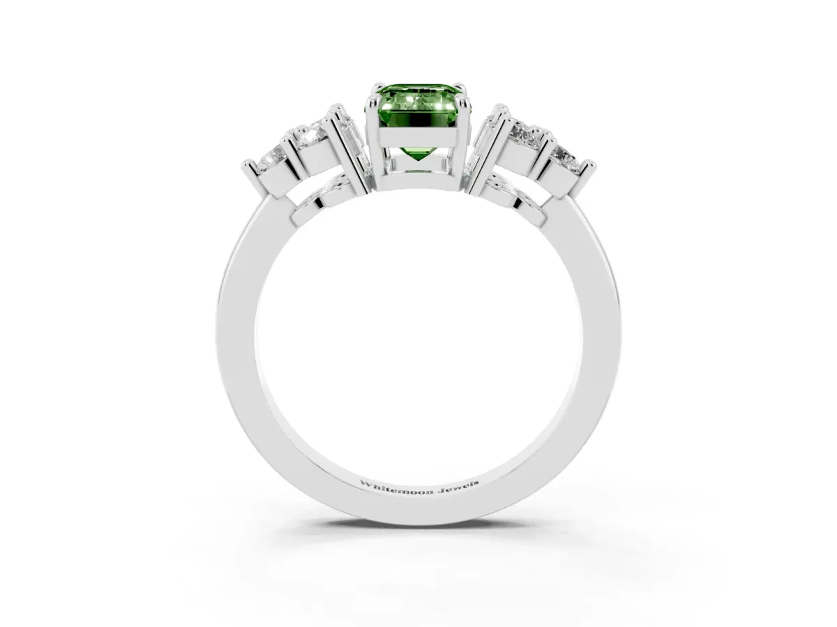 Fancy Green Emerald Cut Brilliant Diamond Cluster Accent Solitaire Ring with Prong Setting Platinum