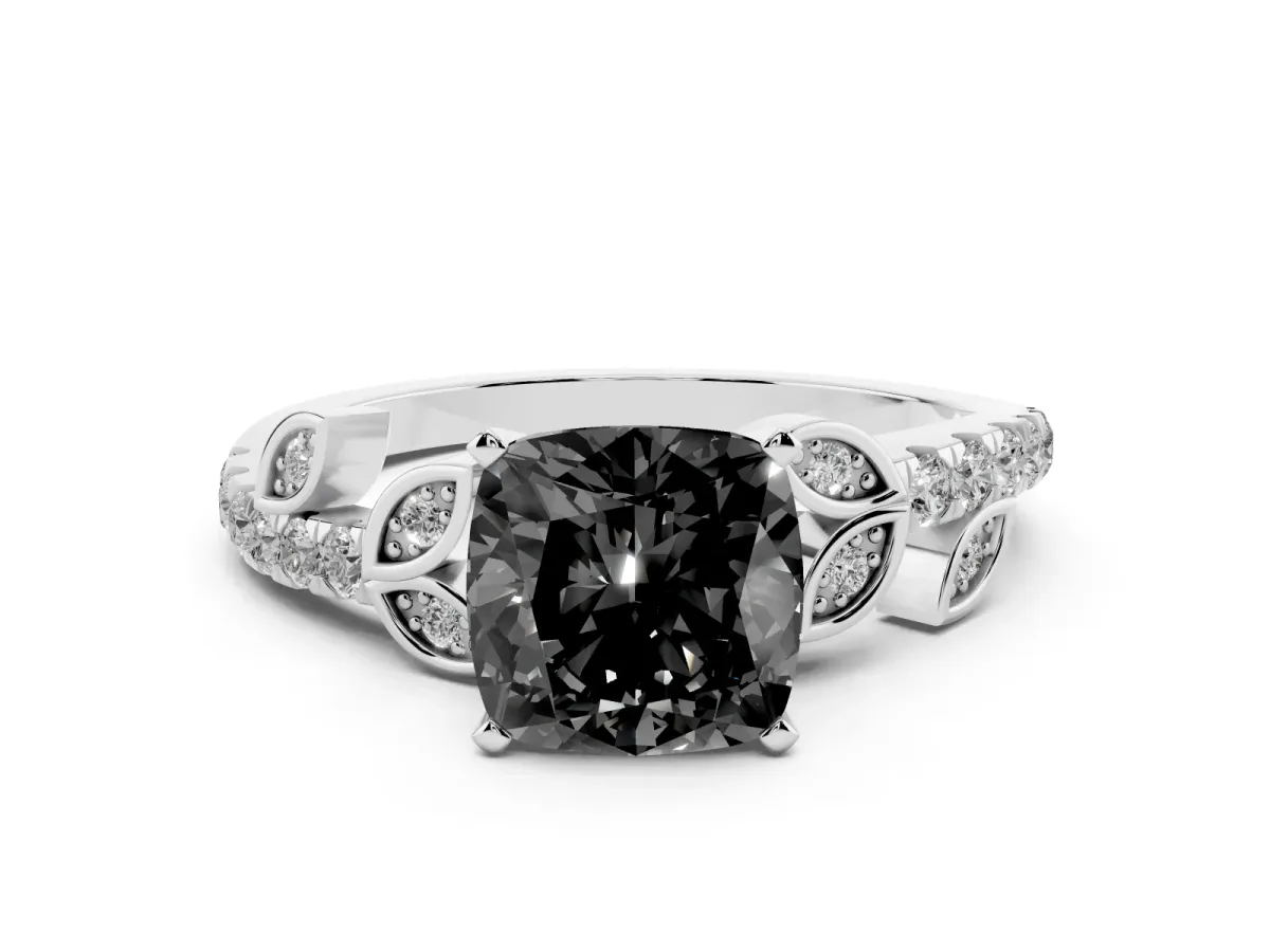 Fancy Black Cushion Cut Solitaire Leaf-Inspired Diamond Ring with Pavé Band and Four-Prong Setting Silver