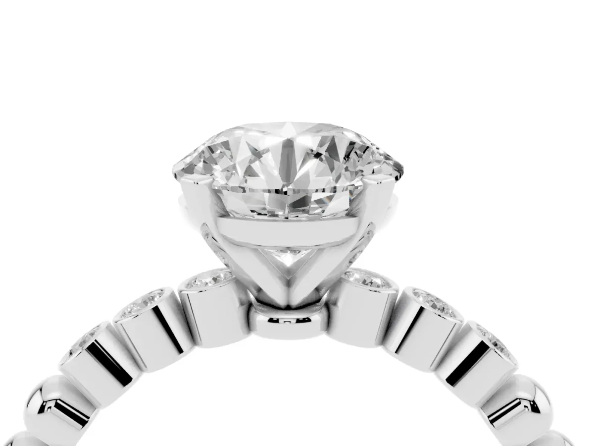 Round Cut Solitaire Bezel Accent Diamond Engagement Ring with Beaded Band and Four-Prong Setting Silver