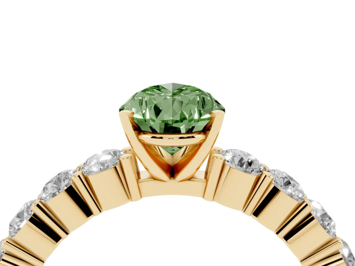 Fancy Green Pear Cut Diamond Solitaire Ring with Shared Prong Round Side Stones Yellow gold