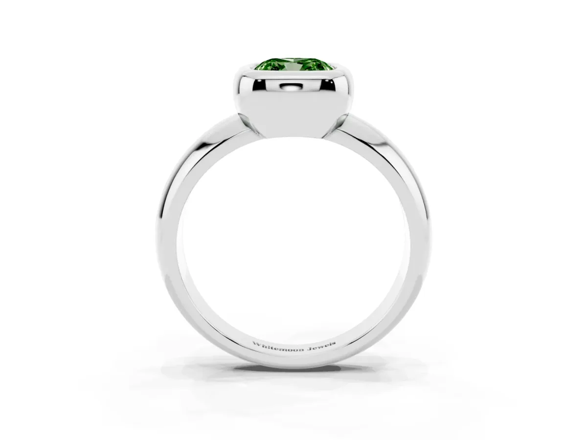 Fancy Green Bezel Set Cushion Cut Solitaire Ring with Wide Band Silver