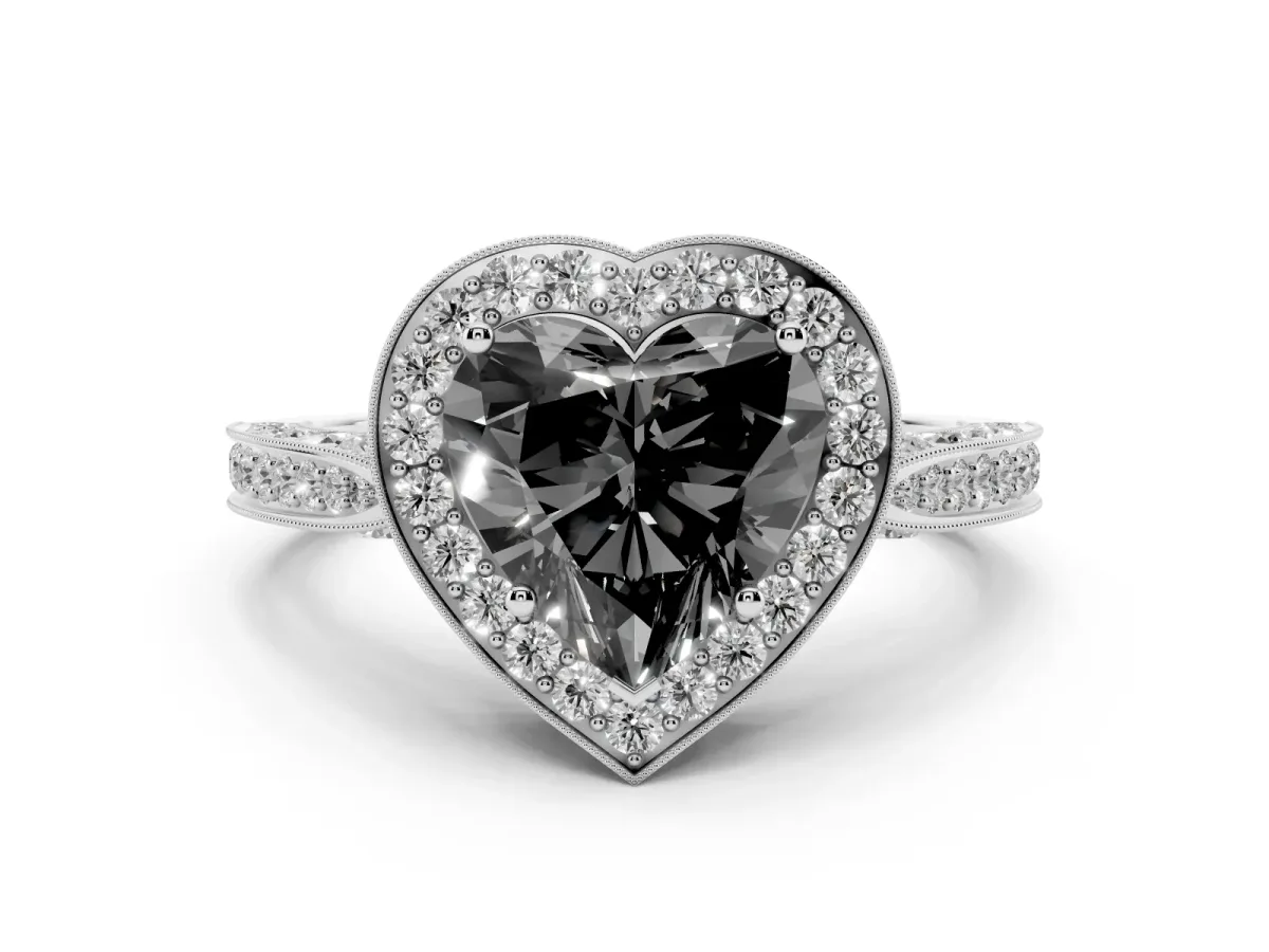 Fancy Black Heart Cut Halo Diamond Engagement Ring with Split Shank Band and Four-Prong Setting Silver