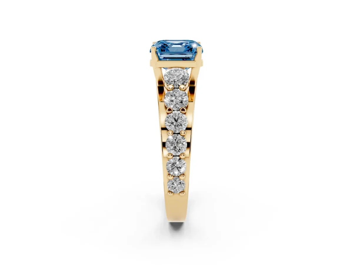 Fancy Blue Asscher Cut Diamond Engagement Ring with Pavé Band and Four-Prong Setting Yellow gold