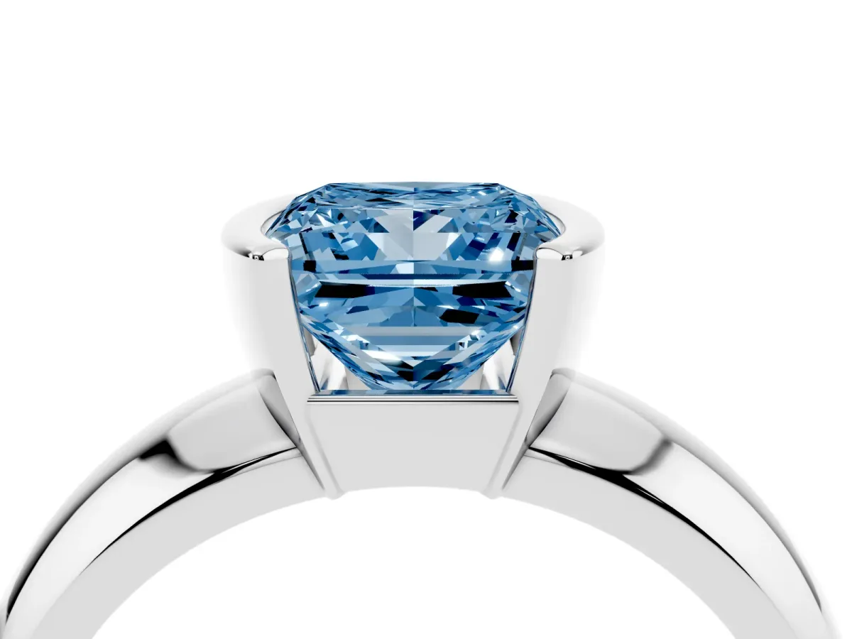 Fancy Blue Princess Cut Solitaire Tension Set Diamond Ring with Wide Band Silver