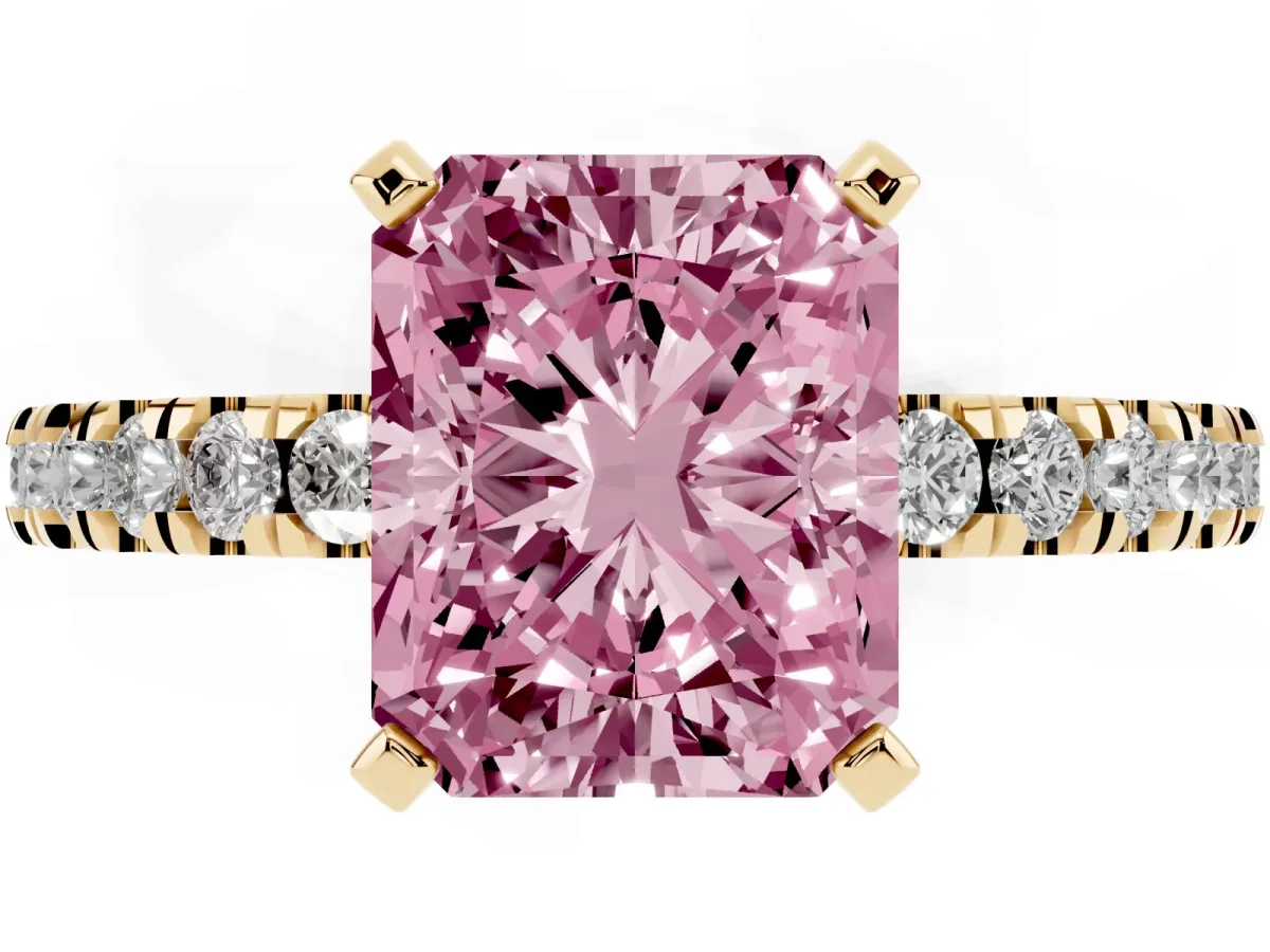 Fancy Pink Radiant Cut Solitaire Diamond with Pavé Band and Four-Prong Setting Yellow gold