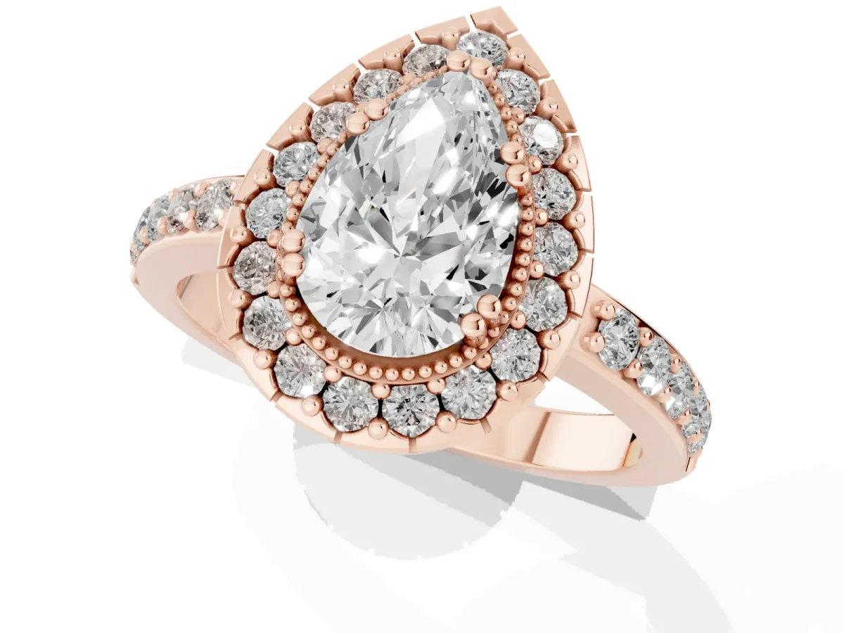 Pear Cut Diamond Halo Ring with Pavé Band and Prong Setting Rose gold