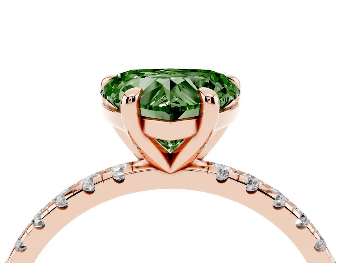 Fancy Green Heart Cut Diamond Brilliant Solitaire Ring with Pavé Band and Four-Prong Setting Rose gold