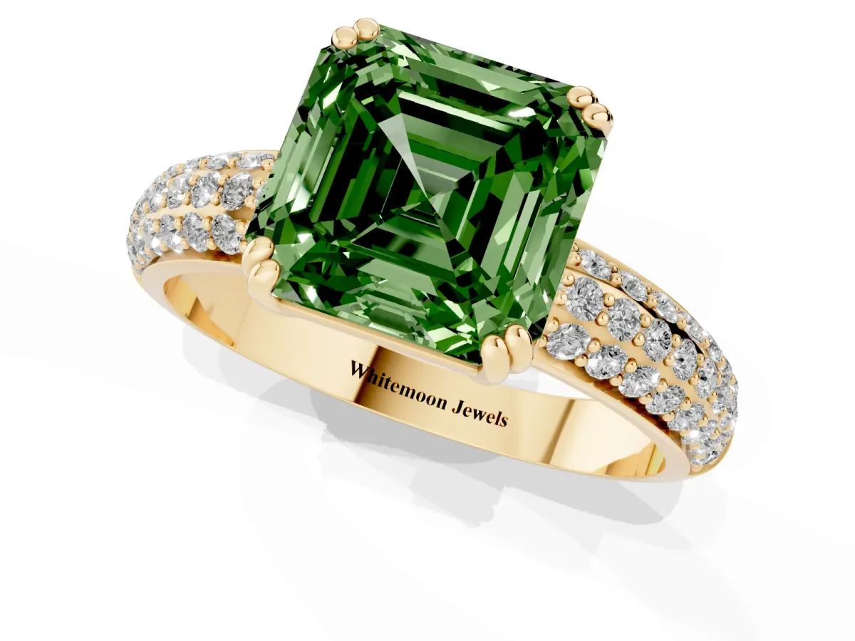Fancy Green Asscher Cut Diamond Solitaire Ring with Multi-Row Round Pavé Band and Prong Setting Yellow gold
