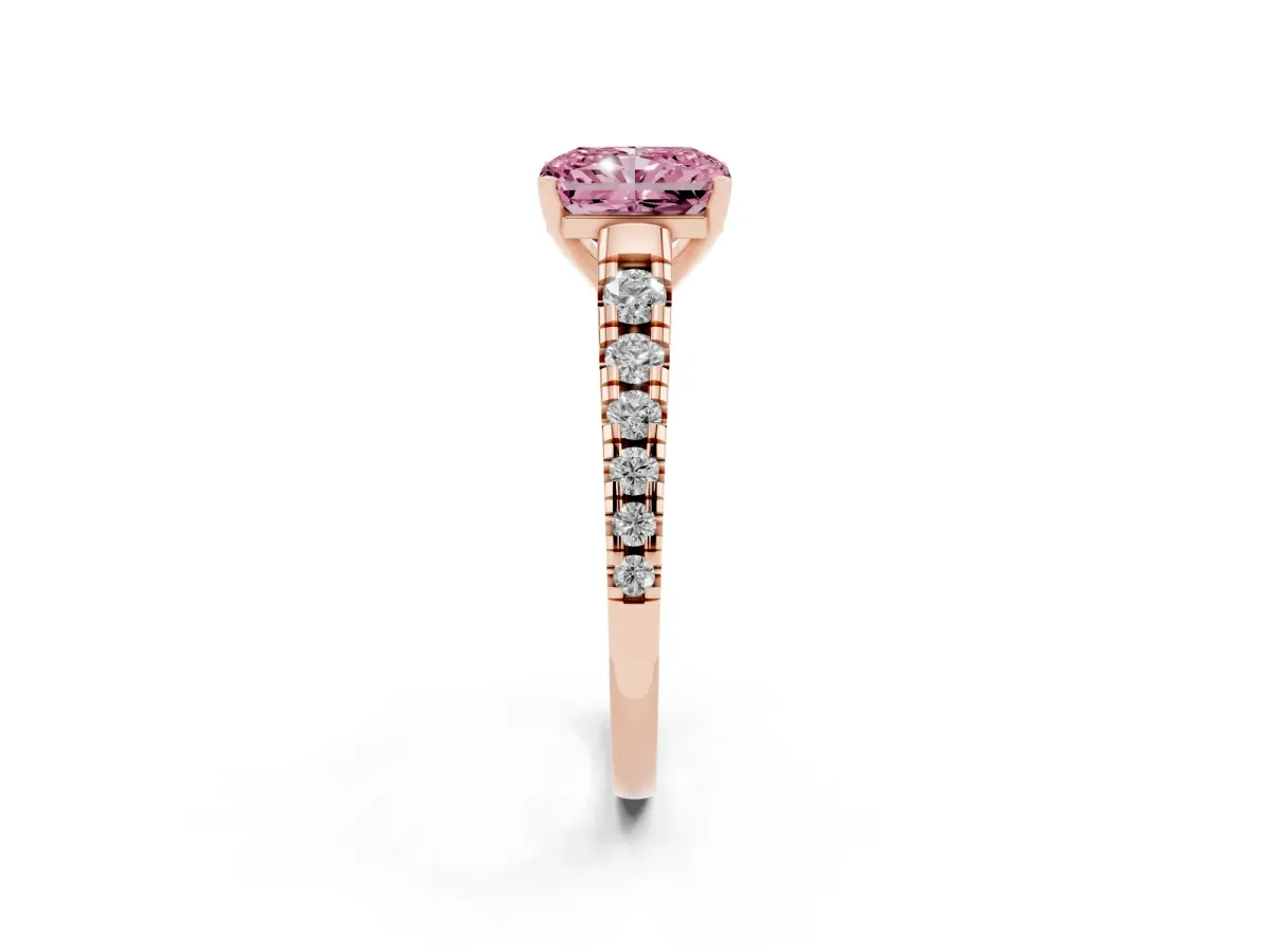 Fancy Pink Radiant Cut Diamond Cathedral Solitaire Ring with Round Pavé Band Rose gold