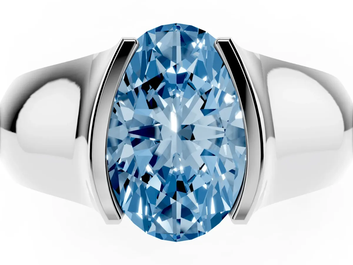Fancy Blue Oval Cut Solitaire Bezel Set Diamond Ring with Wide Band Silver
