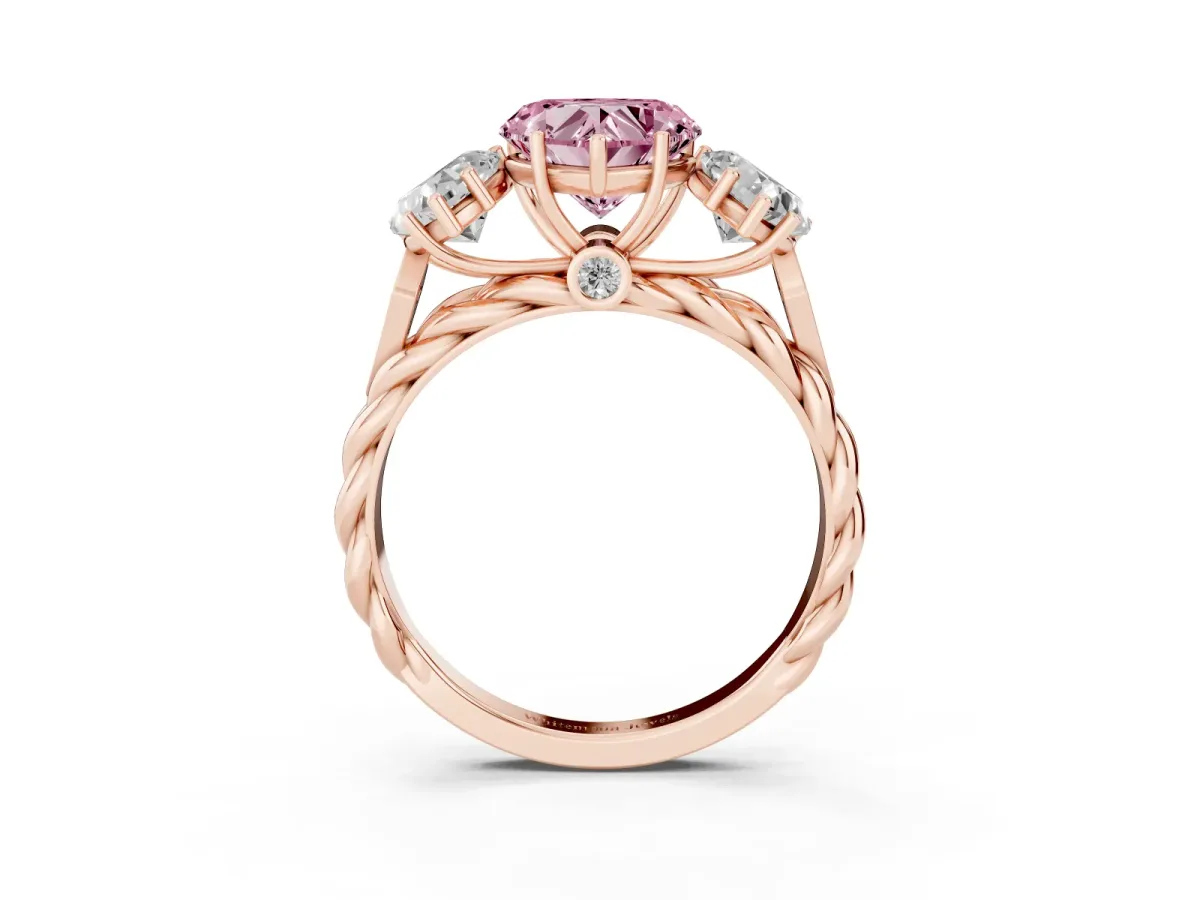 Fancy Pink Three-Stone Heart Cut Diamond Braided Band Ring with Four-Prong Setting Rose gold