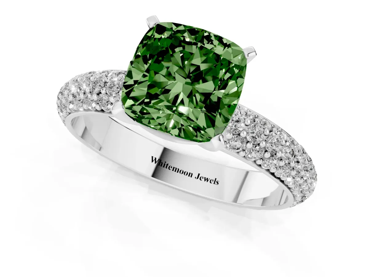 Fancy Green Cushion Cut Diamond Solitaire Ring with Prong Setting and Pavé Band Silver