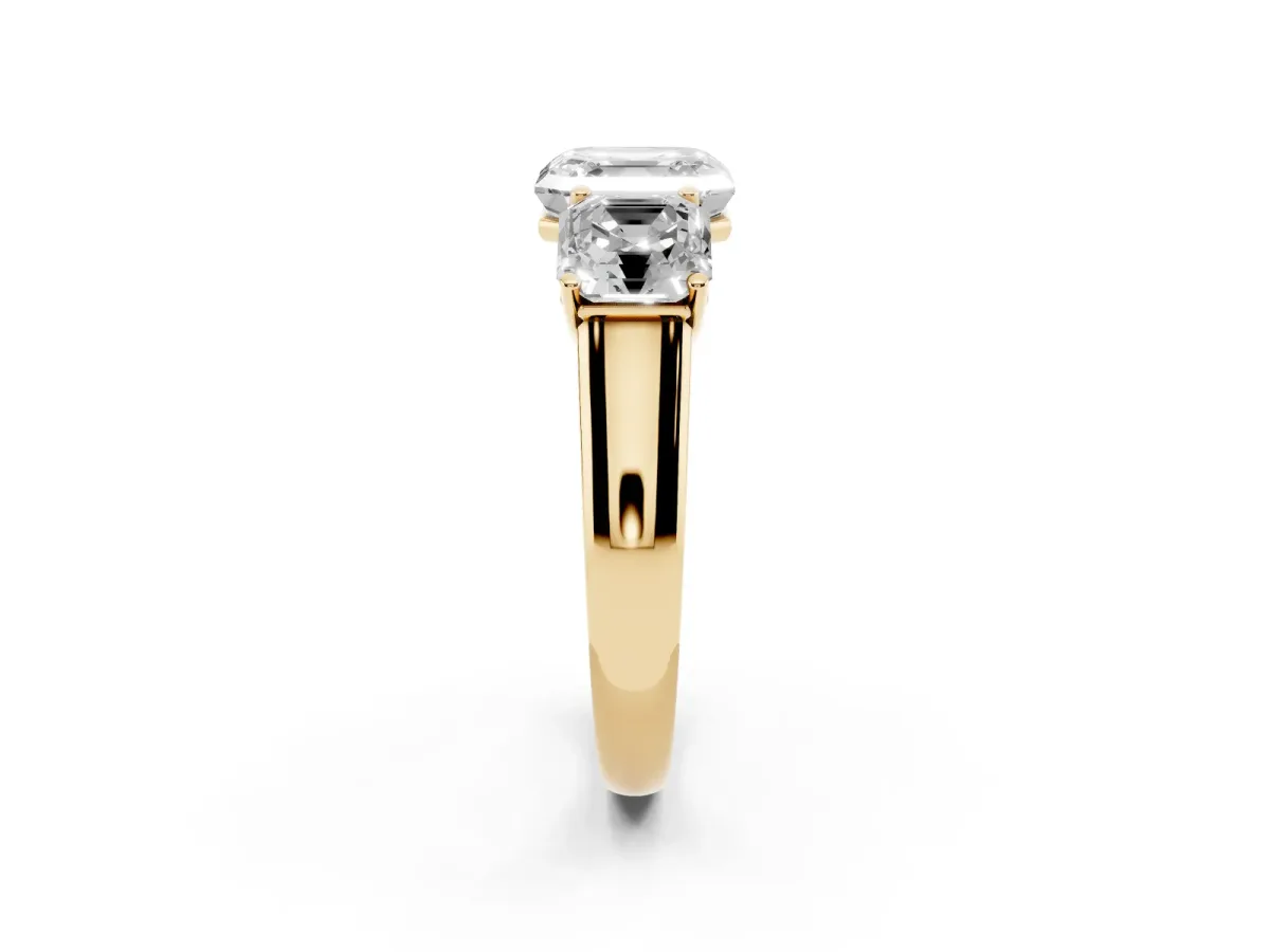 Asscher Cut Three-Stone Diamond Ring with Prong Setting on a Classic Band Yellow gold