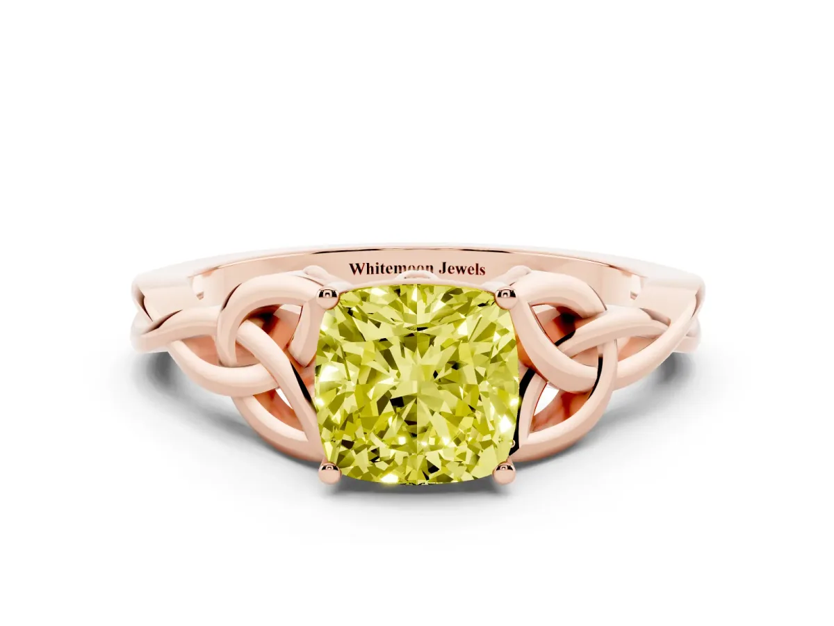 Fancy Yellow Cushion Cut Diamond Solitaire Engagement Ring with Celtic Knot Band and Four-Prong Setting Rose gold