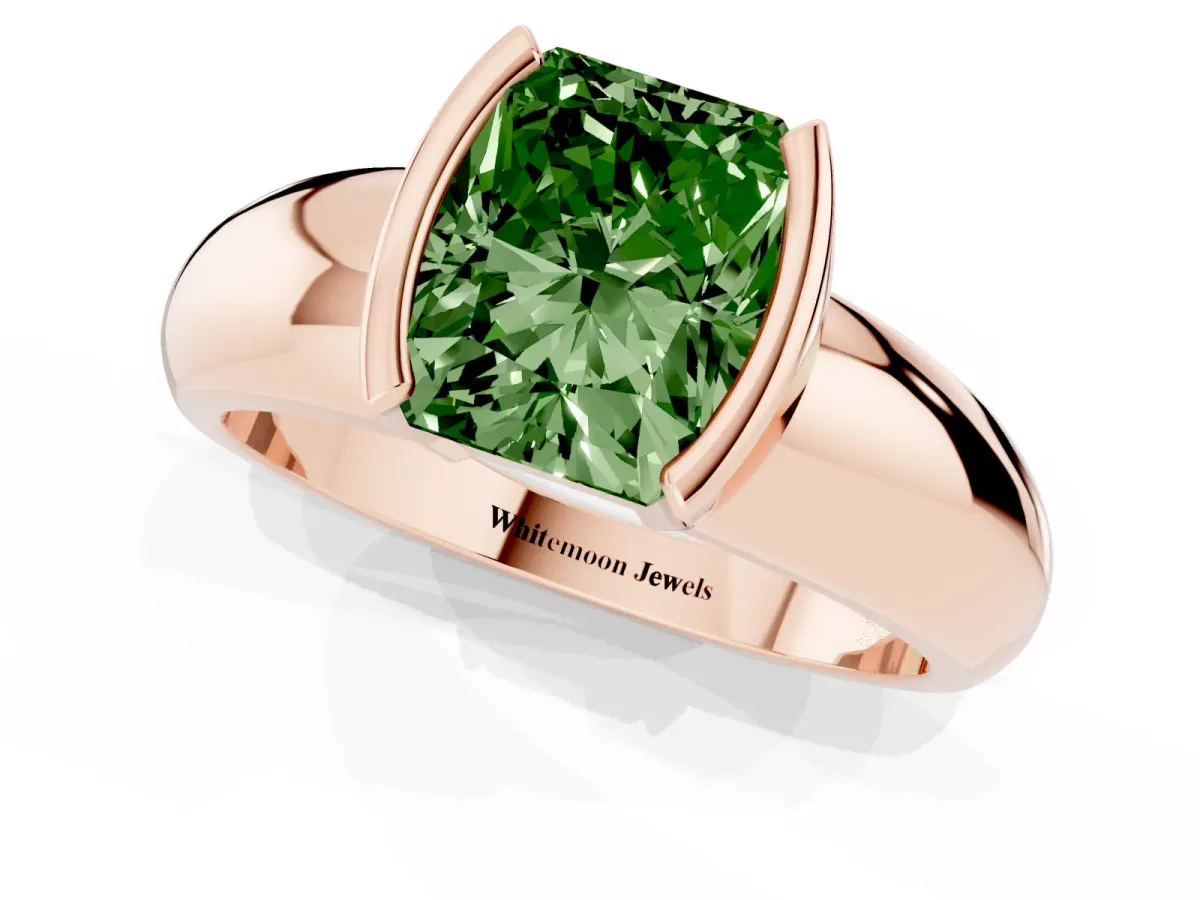 Fancy Green Radiant Cut Solitaire Tension Set Diamond Ring with Wide Band Rose gold