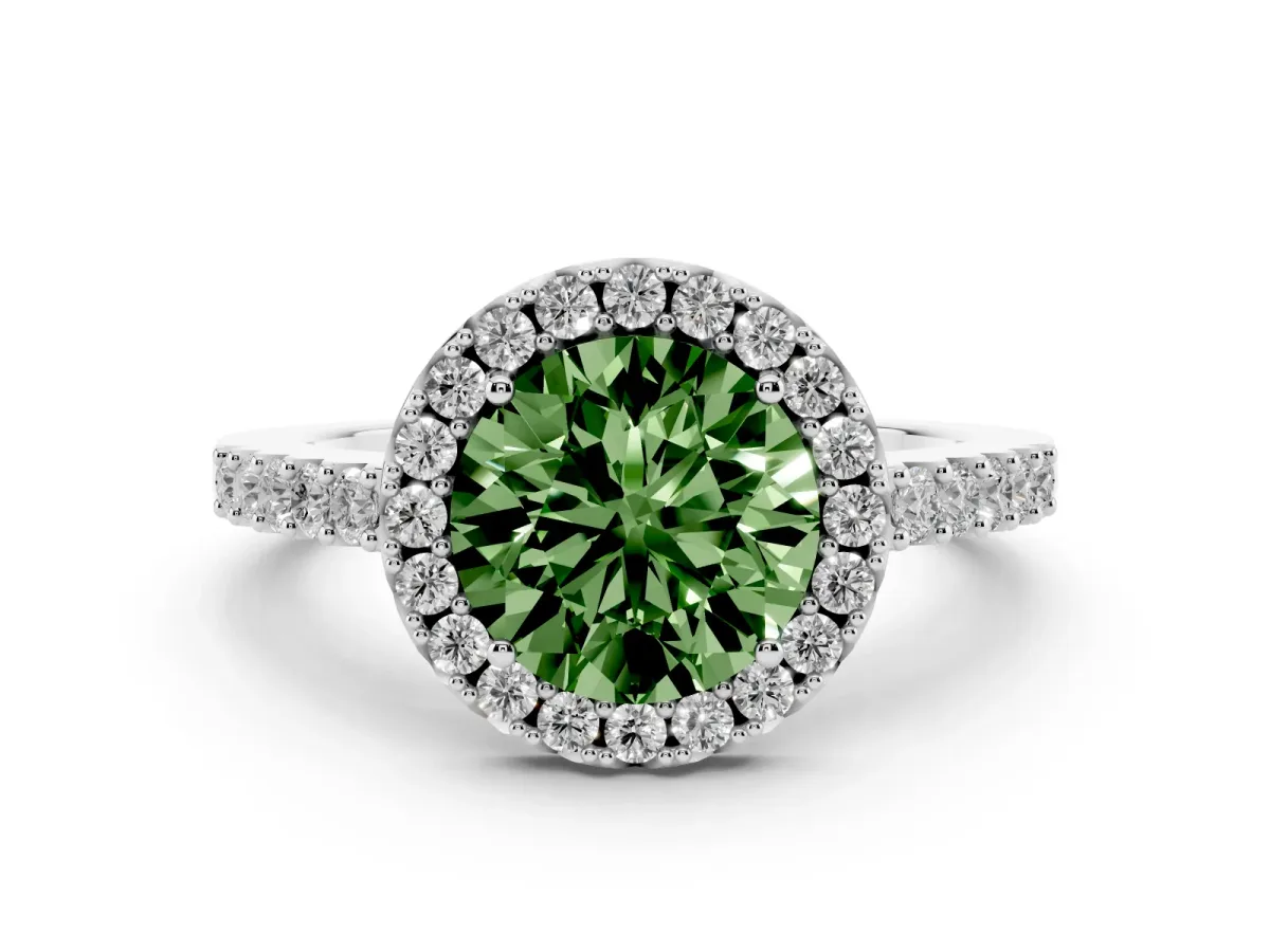 Fancy Green Round Cut Halo Diamond Pavé Solitaire Ring Silver