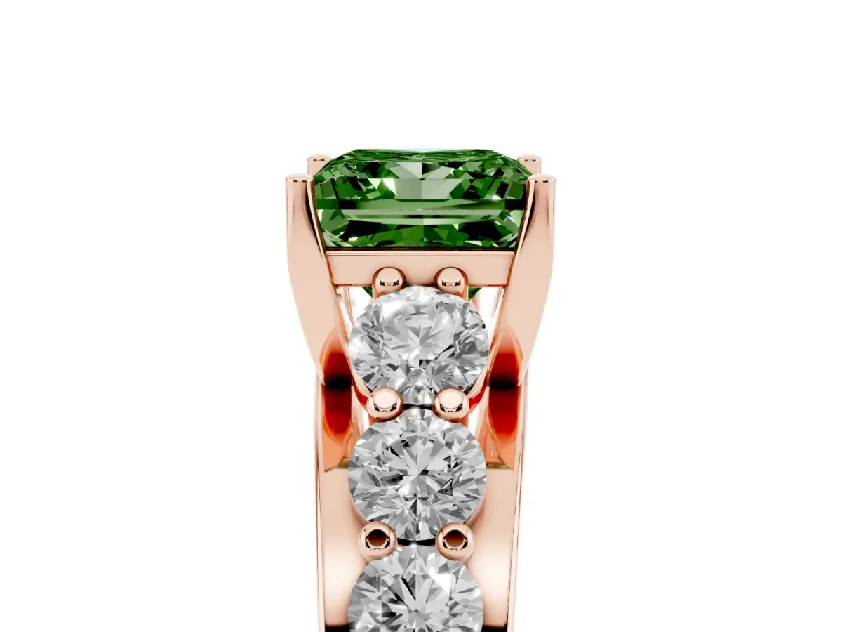 Fancy Green Princess Cut Diamond Engagement Ring with Pavé Band and Four-Prong Setting Rose gold