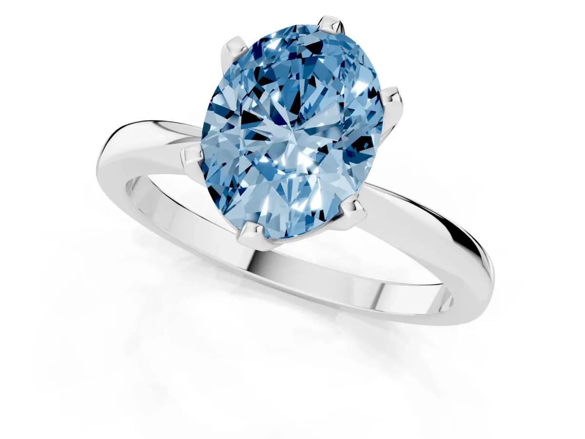 Fancy Blue Oval Cut Solitaire Engagement Ring with Six-Prong Setting and Tapered Band Platinum