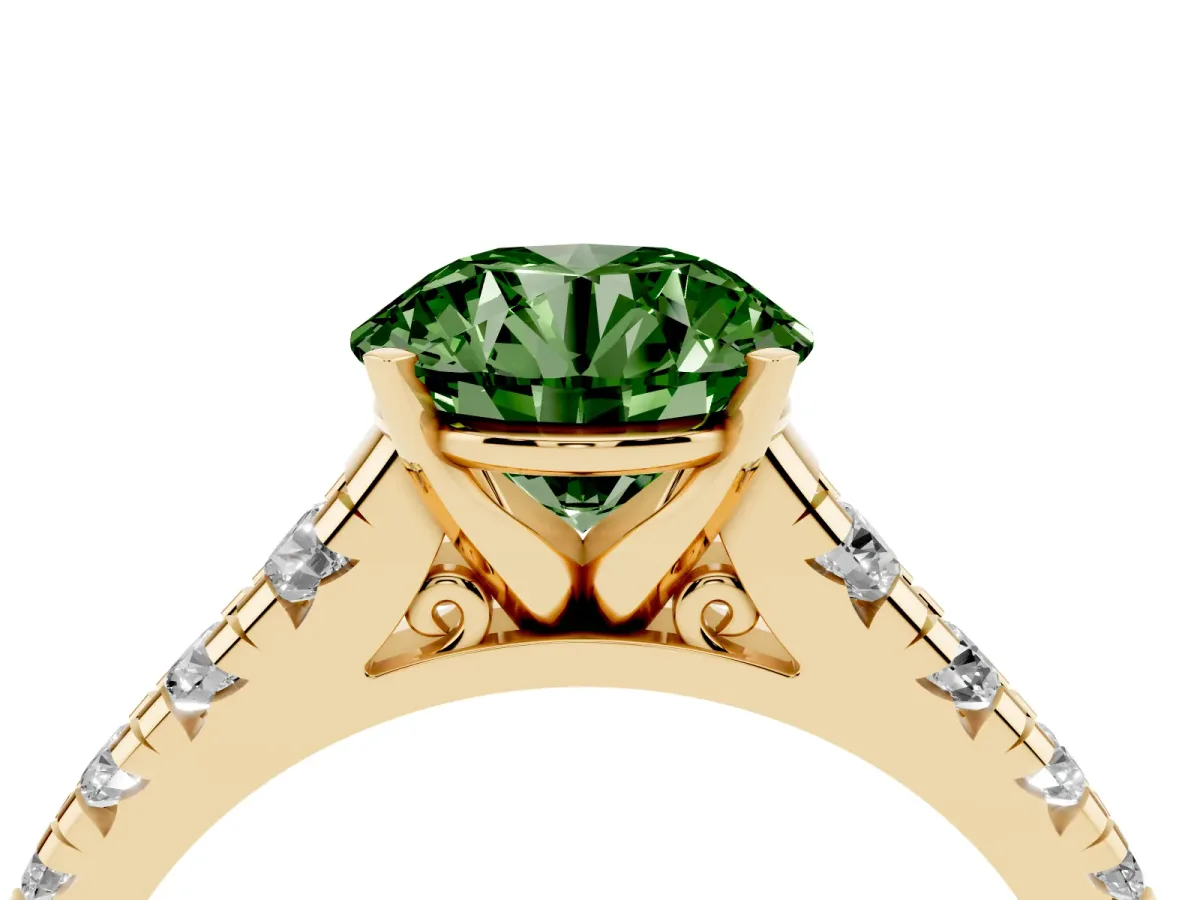 Fancy Green Round Cut Diamond Cathedral Solitaire Ring with Round Pavé Band Yellow gold