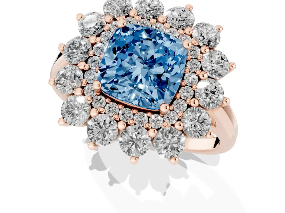 Fancy Blue Cushion Cut Diamond Floral Double Halo Engagement Ring with Prong Setting Rose gold