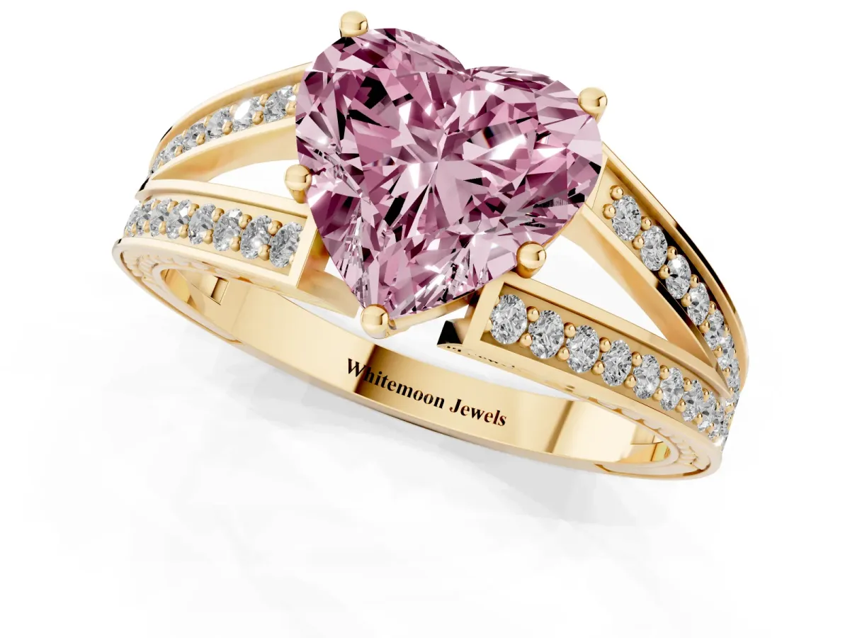 Fancy Pink Heart Cut Diamond Split Shank Ring with Pavé Band and Four-Prong Setting Yellow gold