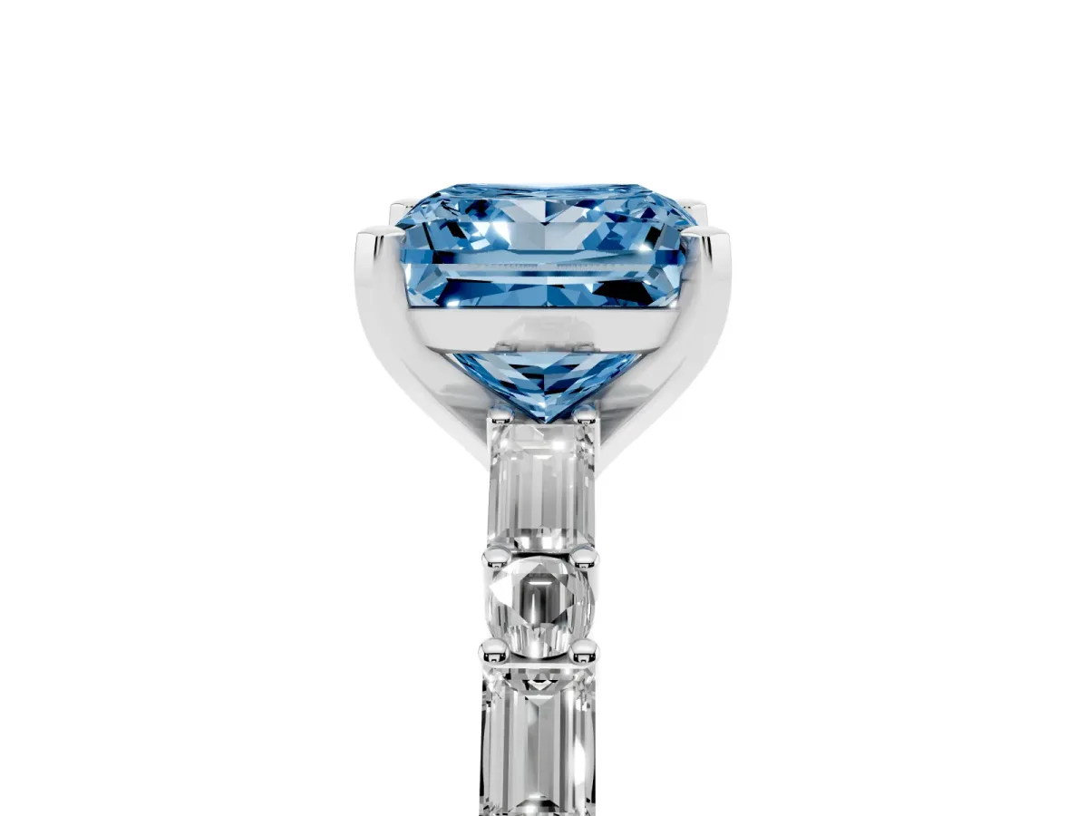 Fancy Blue Princess Cut Diamond Solitaire with Side Baguettes and Channel Set Band Silver